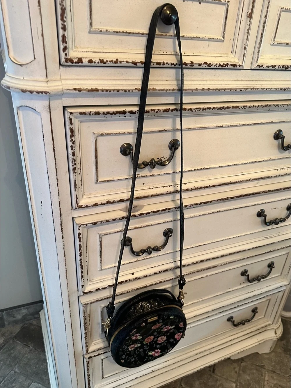 Brahmin Black Round Crossbody with Pink Floral Print